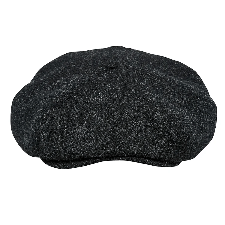 Genuine Scottish Harris Tweed 8 Panels Man Cap Wool Large Crown BLACK