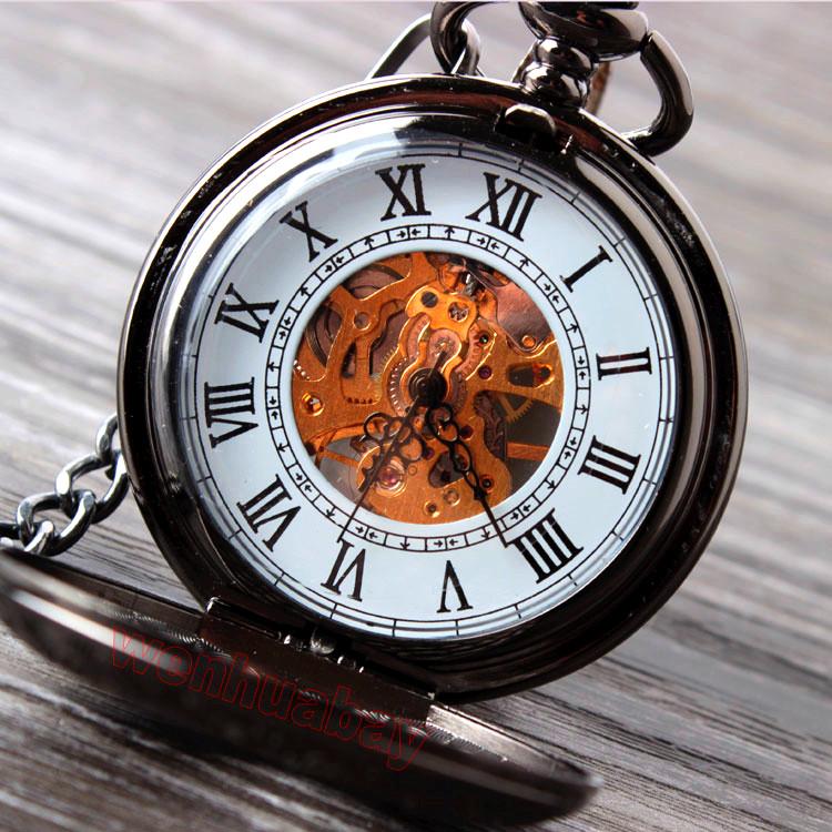 Floral Steel Quartz Mechanical Pocket Watch with Fob Chain