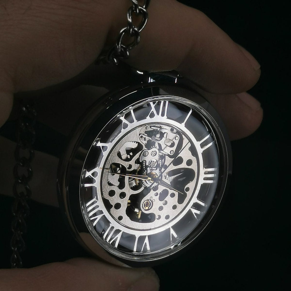Steampunk Silver Skeleton Mechanical Automatic Pocket Watch
