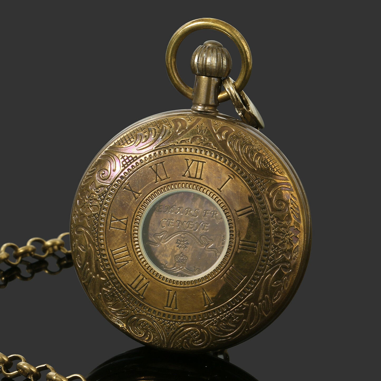 Vintage Men’s 5-Hand Flying Tourbillon Moon Phase Pure Copper Mechanical Pocket Watch