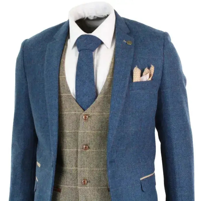 Vintage Blue & Brown Herringbone Tweed Suit – 3-Piece Classic British Style