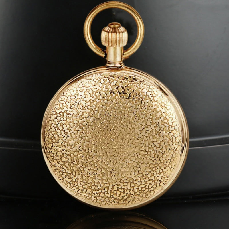 All brass train engraved mechanical skeleton pocket watch