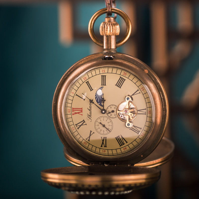 Vintage Brass Mechanical Pocket Watch with 5-Hand Moon Phase Display—Double-Open Exquisite Engraving Design