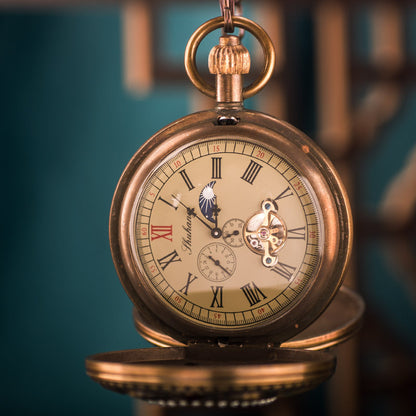 Vintage Brass Mechanical Pocket Watch with 5-Hand Moon Phase Display—Double-Open Exquisite Engraving Design