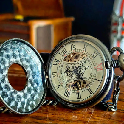 Classic Vintage Half Hunter Bronze Wooden Skeleton Mechanical Pocket Watch