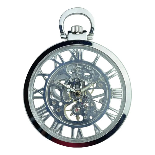 Steampunk Silver Skeleton Mechanical Automatic Pocket Watch