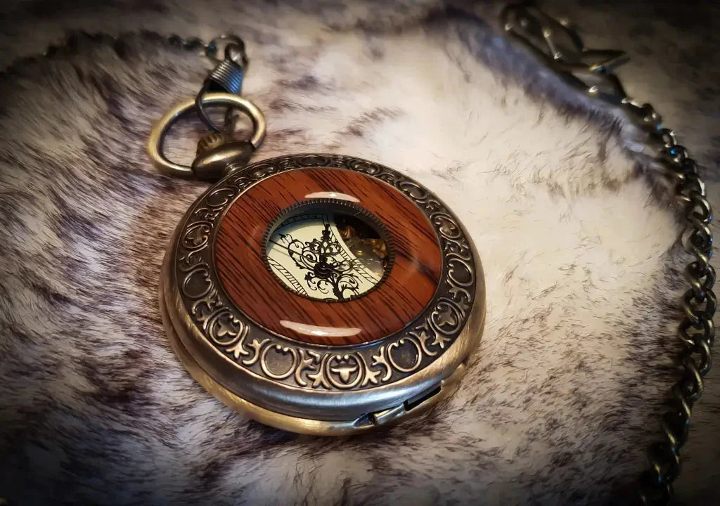 Classic Vintage Half Hunter Bronze Wooden Skeleton Mechanical Pocket Watch
