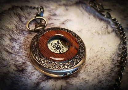 Classic Vintage Half Hunter Bronze Wooden Skeleton Mechanical Pocket Watch
