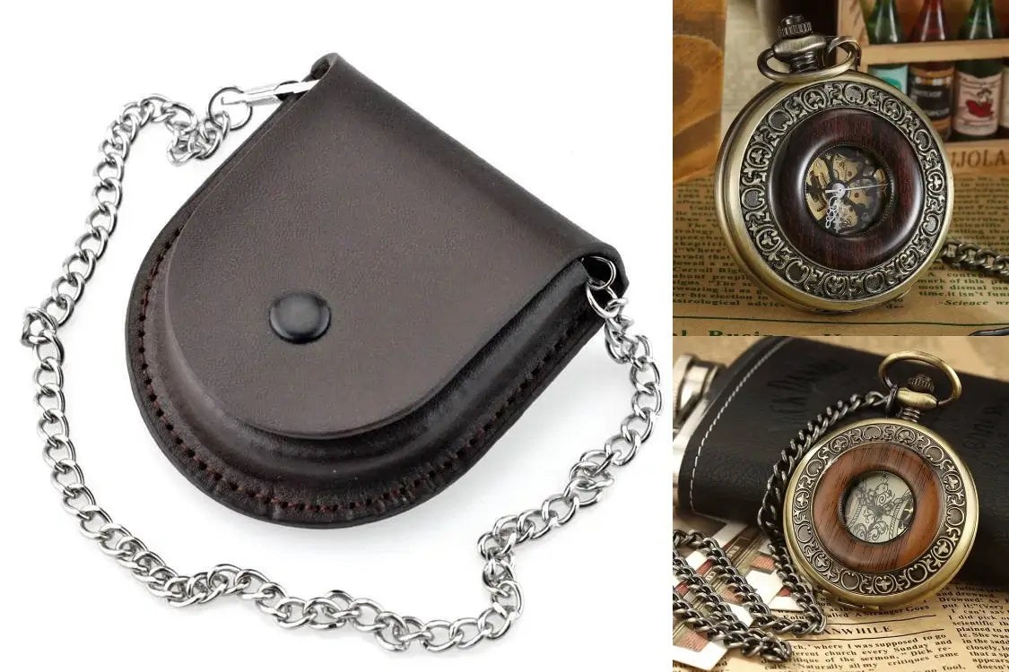 Classic Vintage Half Hunter Bronze Wooden Skeleton Mechanical Pocket Watch