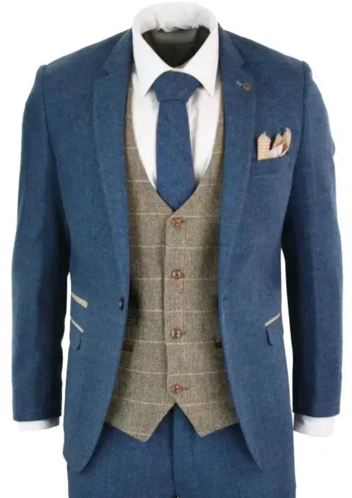 Vintage Blue & Brown Herringbone Tweed Suit – 3-Piece Classic British Style