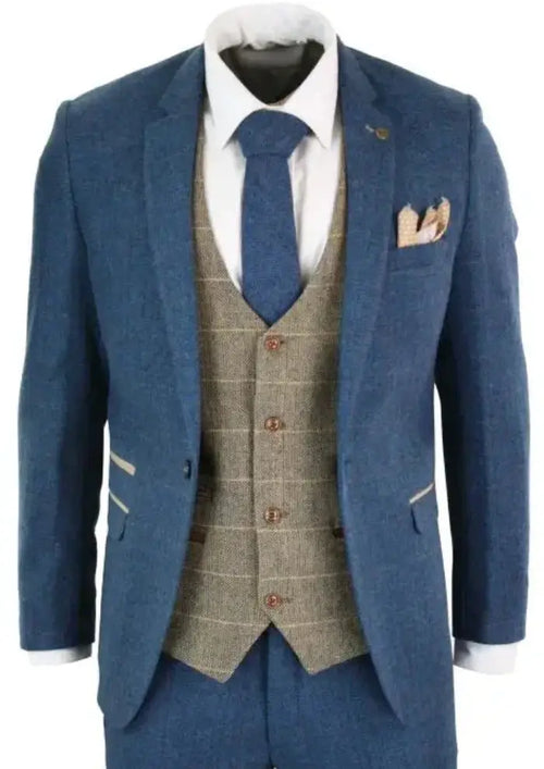 Vintage Blue & Brown Herringbone Tweed Suit – 3-Piece Classic British Style