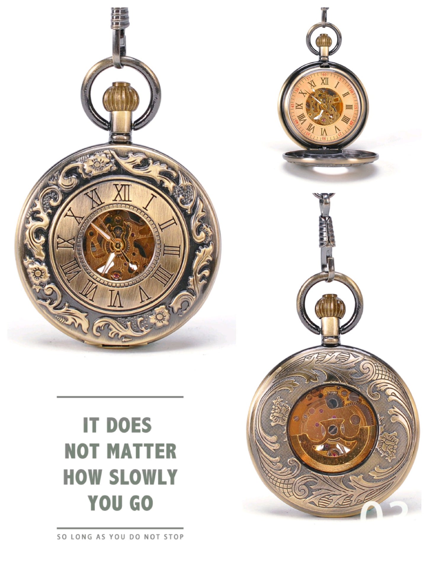 The Patina Courier - Bronze Skeleton Roman Pocket Watch