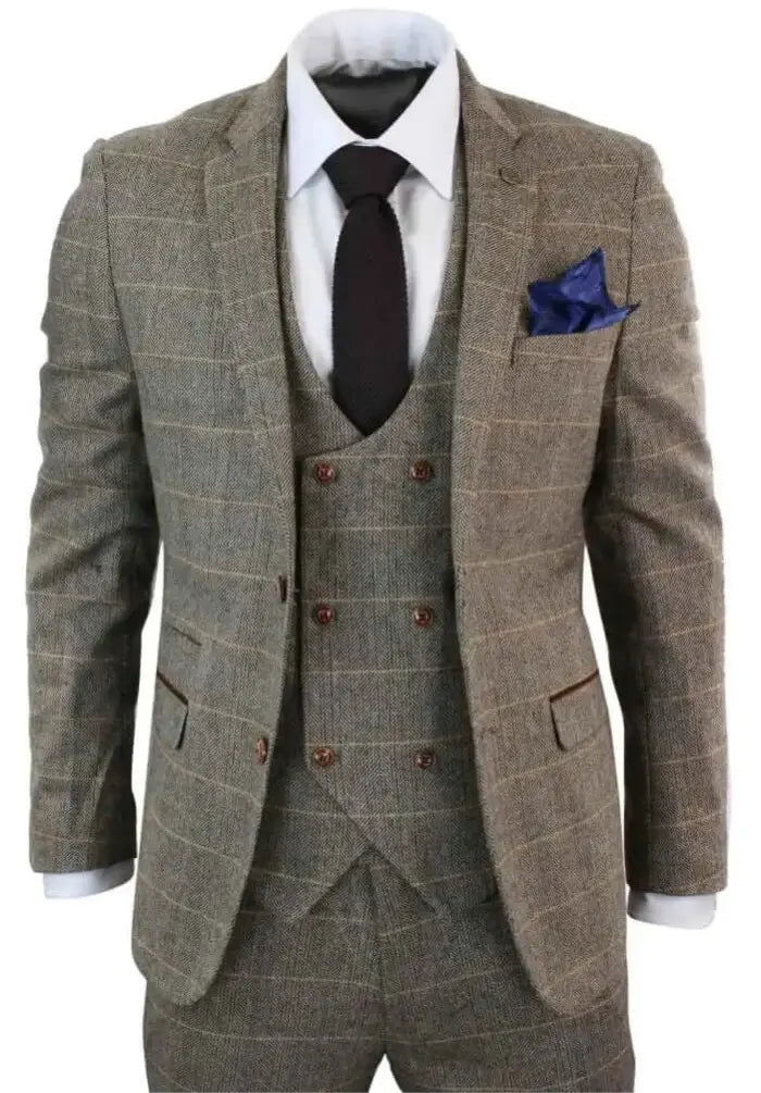 Brown Herringbone Tweed 3-Piece Suit – Double-Breasted 1920s Inspired Style