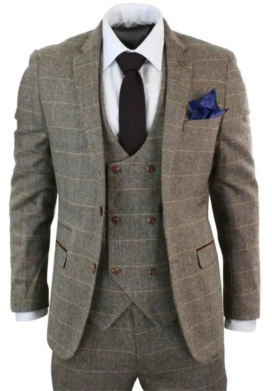 Brown Herringbone Tweed 3-Piece Suit – Double-Breasted 1920s Inspired Style