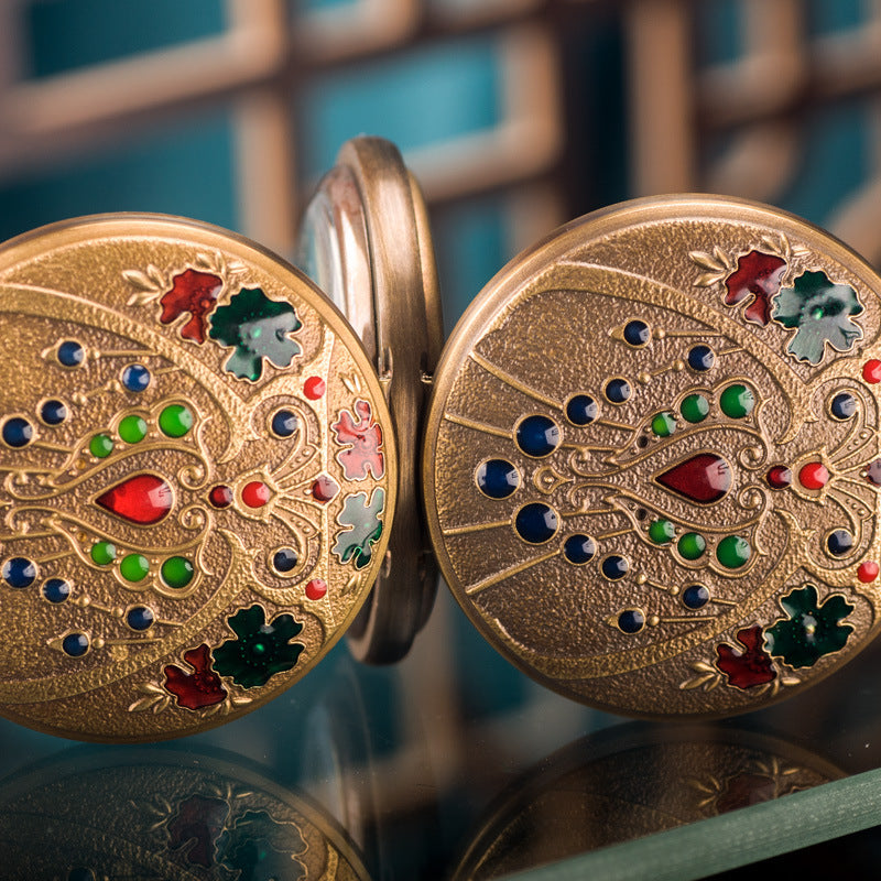 Vintage Brass Mechanical Pocket Watch with 5-Hand Moon Phase Display—Double-Open Exquisite Engraving Design
