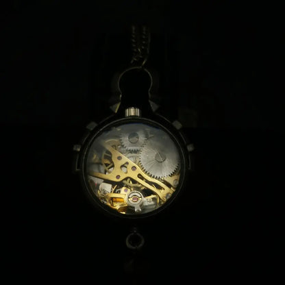 Leather strap small brass mechanical watch - openwork pendant necklace