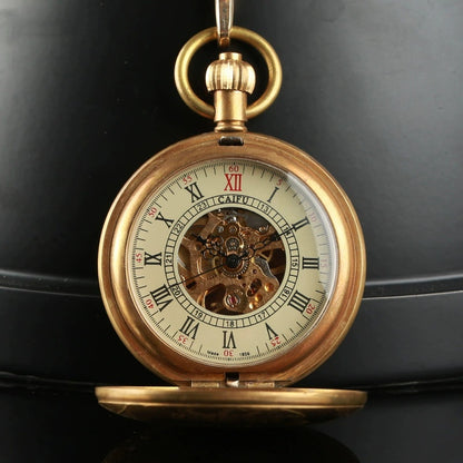 All brass train engraved mechanical skeleton pocket watch