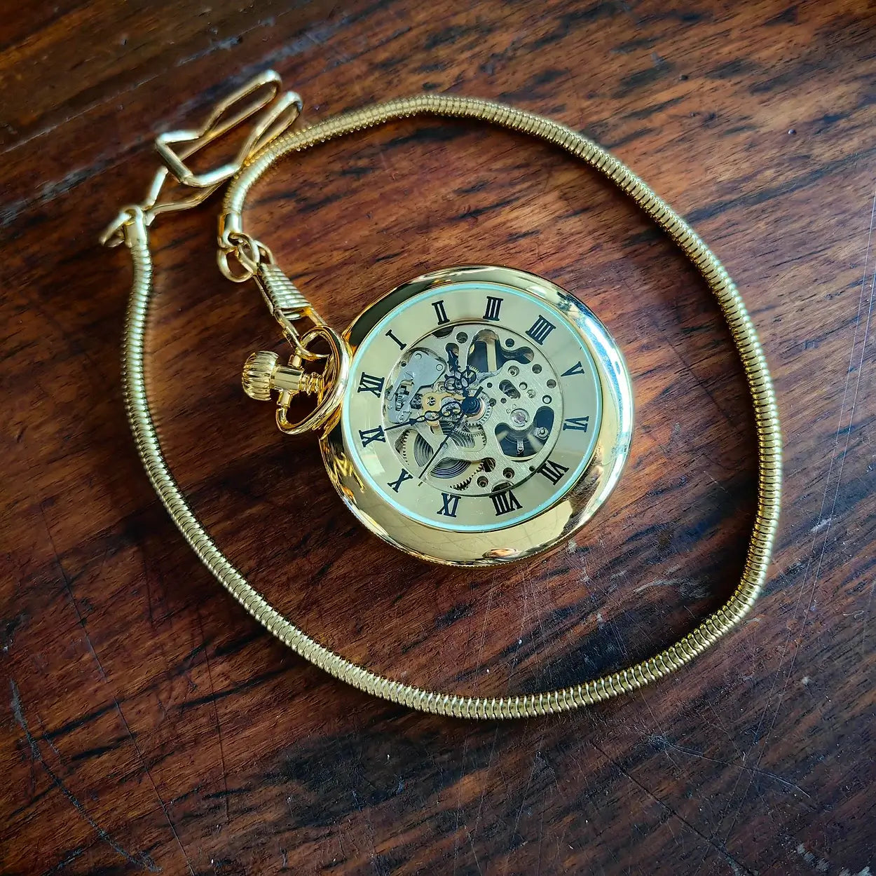 Gold Victorian-Style Roman Numeral Dial Mechanical Chain Pocket Watch