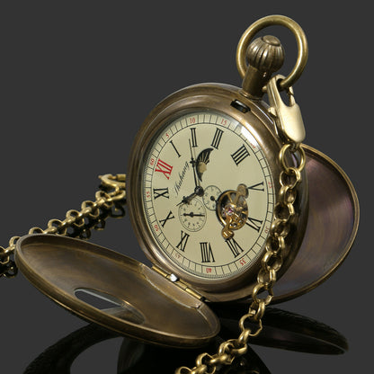 Vintage Men’s 5-Hand Flying Tourbillon Moon Phase Pure Copper Mechanical Pocket Watch