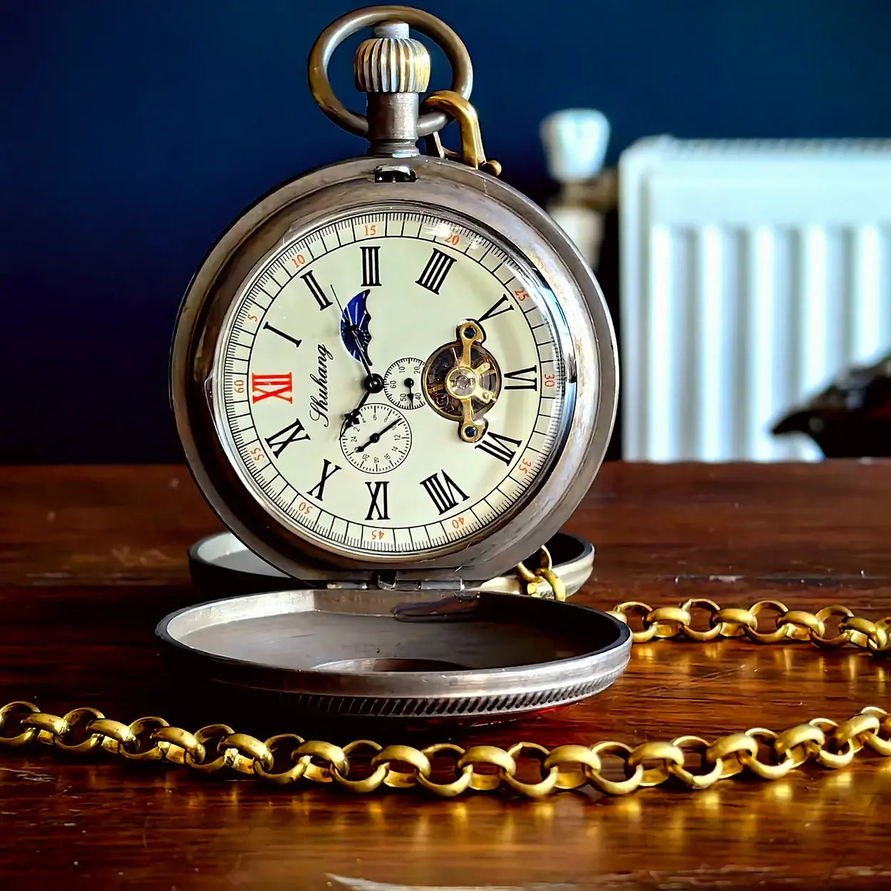 Vintage Flywheel Flower Moon Phase Vintage Genuine Copper Skeleton Mechanical Pocket Watch