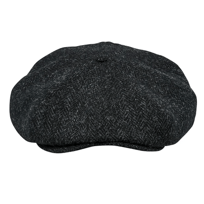 Genuine Scottish Harris Tweed 8 Panels Man Cap Wool Large Crown BLACK