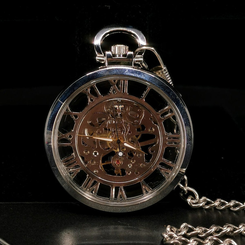 Steampunk Silver Skeleton Mechanical Automatic Pocket Watch