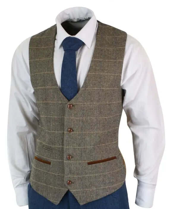 Vintage Blue & Brown Herringbone Tweed Suit – 3-Piece Classic British Style