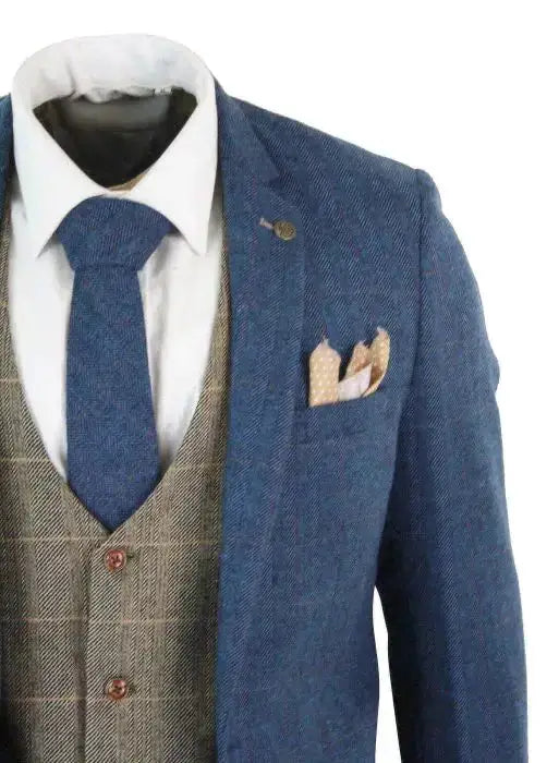 Vintage Blue & Brown Herringbone Tweed Suit – 3-Piece Classic British Style