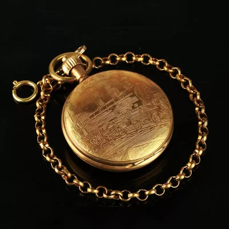 All brass train engraved mechanical skeleton pocket watch