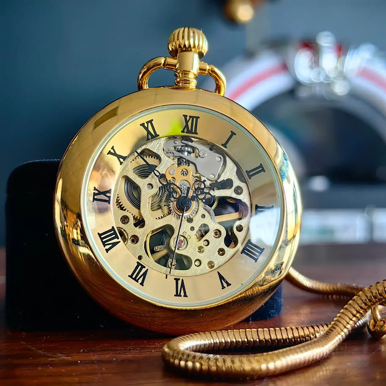 Gold Victorian-Style Roman Numeral Dial Mechanical Chain Pocket Watch