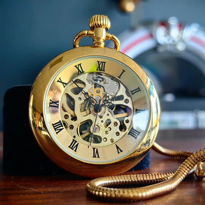 Gold Victorian-Style Roman Numeral Dial Mechanical Chain Pocket Watch
