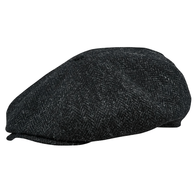 Genuine Scottish Harris Tweed 8 Panels Man Cap Wool Large Crown BLACK