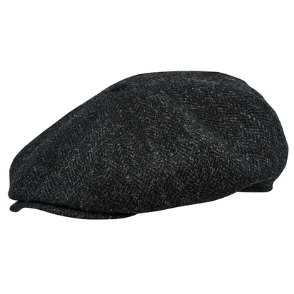 Genuine Scottish Harris Tweed 8 Panels Man Cap Wool Large Crown BLACK