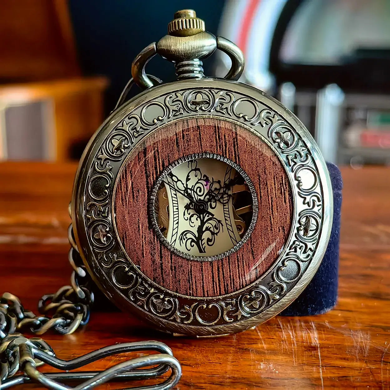 Classic Vintage Half Hunter Bronze Wooden Skeleton Mechanical Pocket Watch