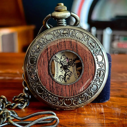 Classic Vintage Half Hunter Bronze Wooden Skeleton Mechanical Pocket Watch