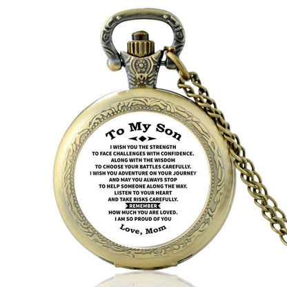 "To My Son Love Mom" Glass Cabochon Vintage Quartz Chain Link Pendant Pocket Watch