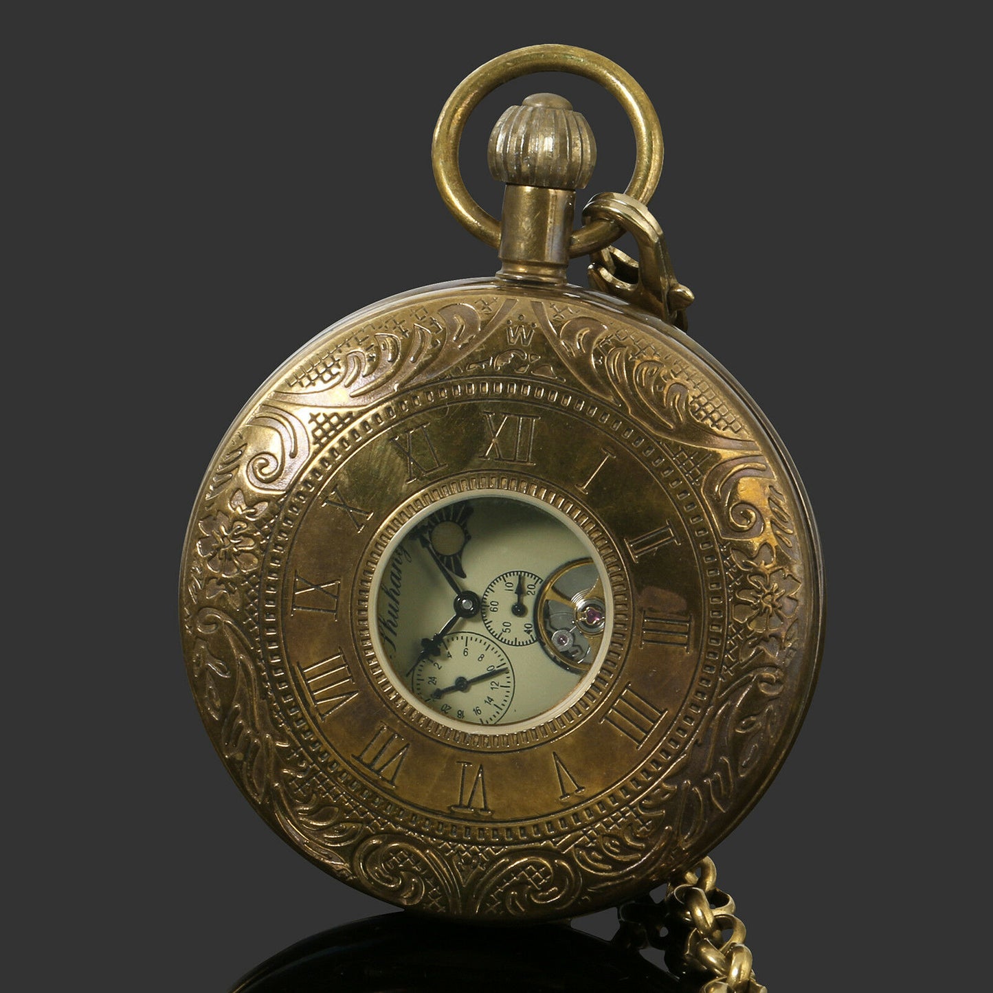 Vintage Men’s 5-Hand Flying Tourbillon Moon Phase Pure Copper Mechanical Pocket Watch