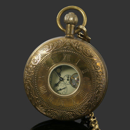 Vintage Men’s 5-Hand Flying Tourbillon Moon Phase Pure Copper Mechanical Pocket Watch