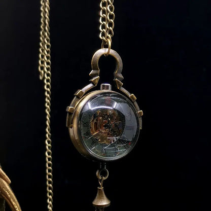 Leather strap small brass mechanical watch - openwork pendant necklace