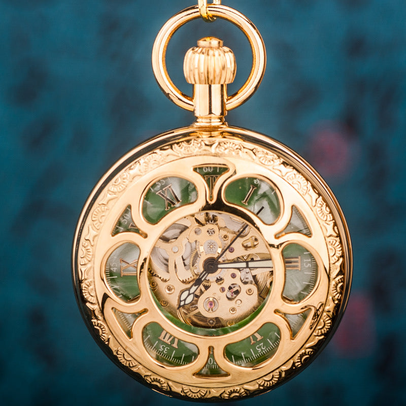Vintage Mechanical Brass Pocket Watch. Emerald Dial. Double-Sided Tourbillon with Snake Chain Design. Steampunk Case.