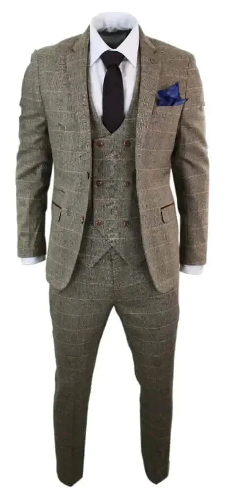 Brown Herringbone Tweed 3-Piece Suit – Double-Breasted 1920s Inspired Style