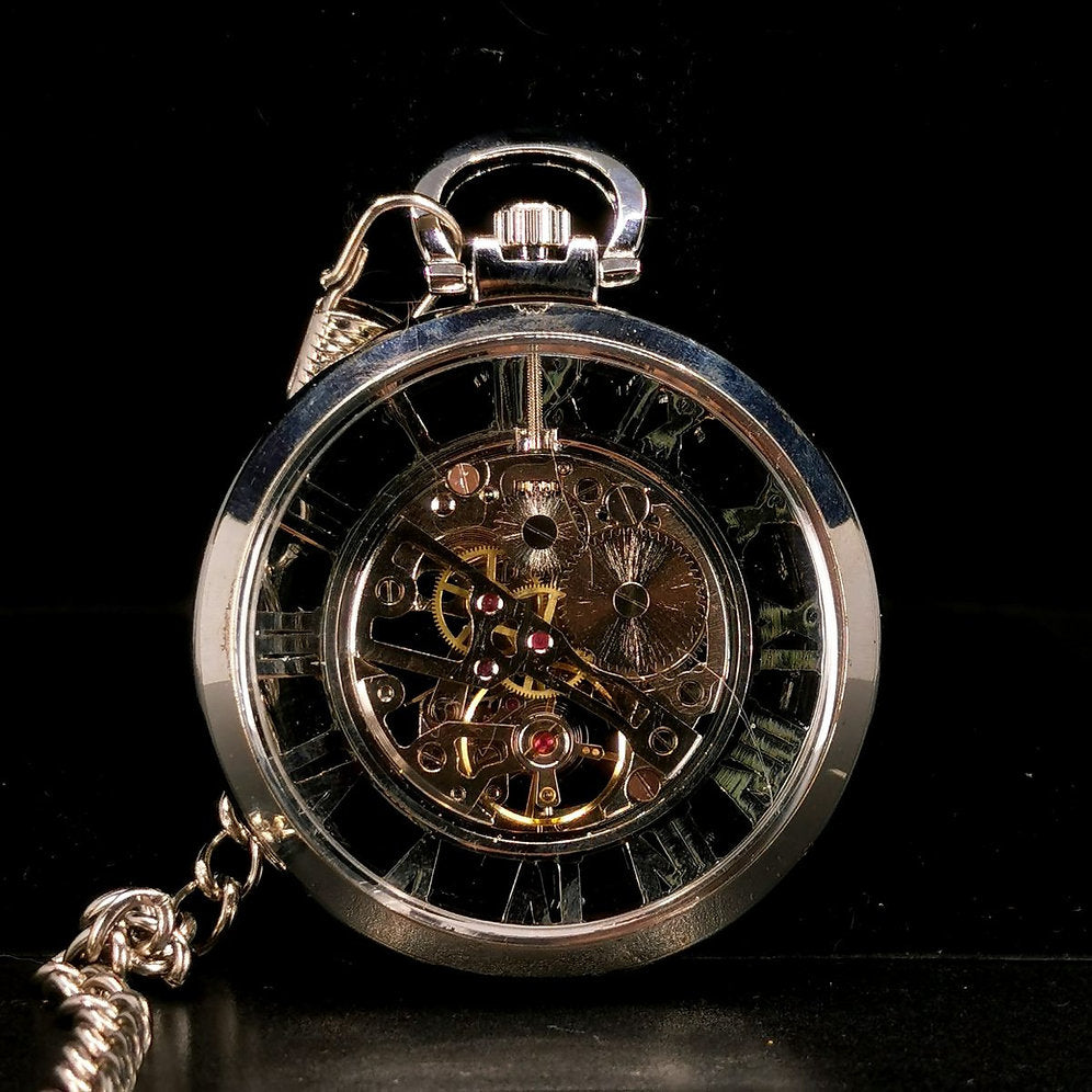 Steampunk Silver Skeleton Mechanical Automatic Pocket Watch