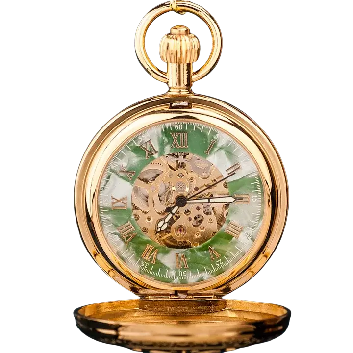Vintage Mechanical Brass Pocket Watch. Emerald Dial. Double-Sided Tourbillon with Snake Chain Design. Steampunk Case.