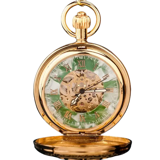 Vintage Mechanical Brass Pocket Watch. Emerald Dial. Double-Sided Tourbillon with Snake Chain Design. Steampunk Case.