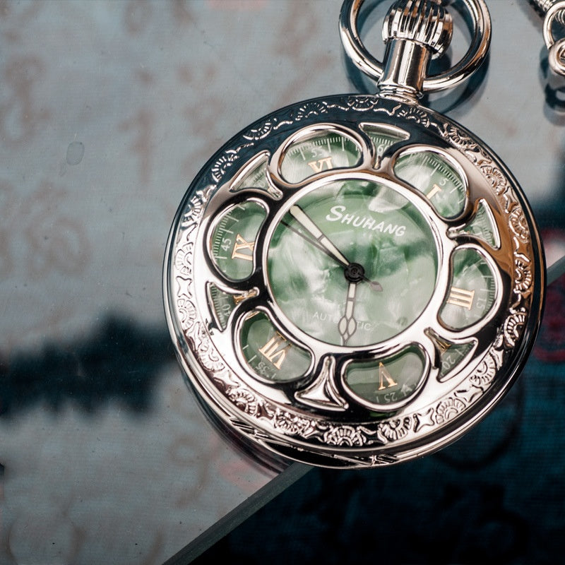 Vintage Mechanical Brass Pocket Watch. Emerald Dial. Double-Sided Tourbillon with Snake Chain Design. Steampunk Case.