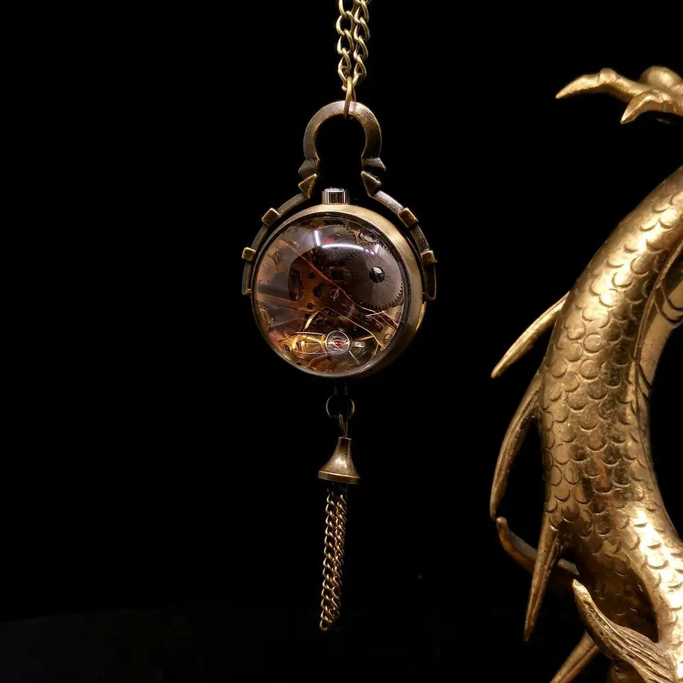 Leather strap small brass mechanical watch - openwork pendant necklace