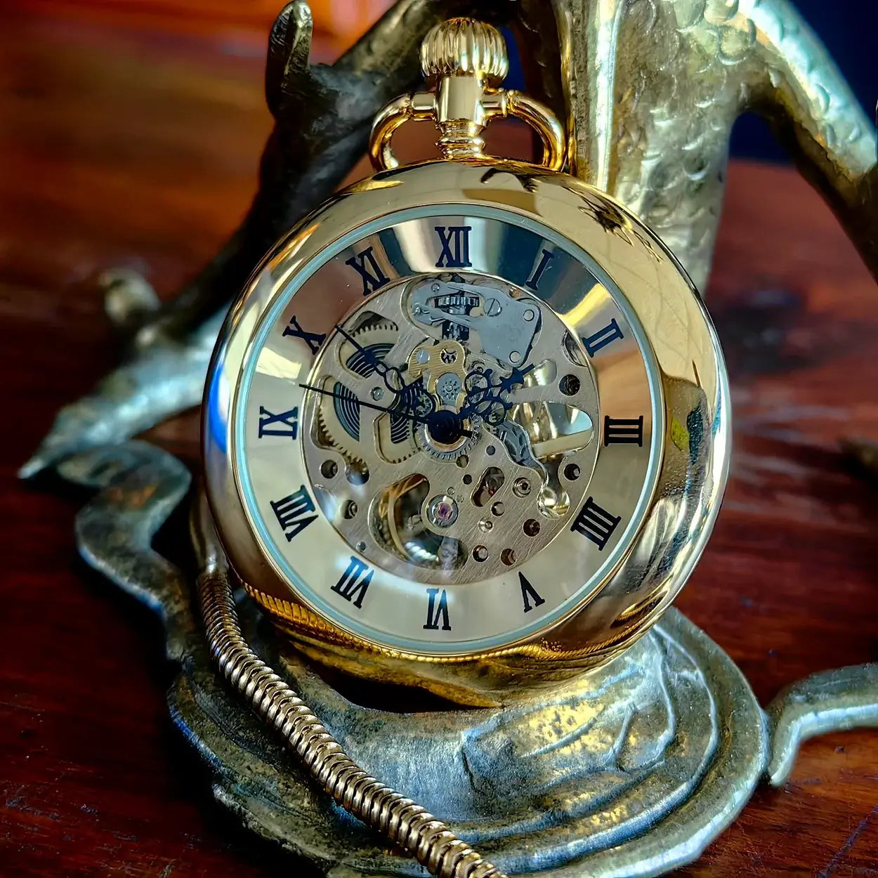 Gold Victorian-Style Roman Numeral Dial Mechanical Chain Pocket Watch