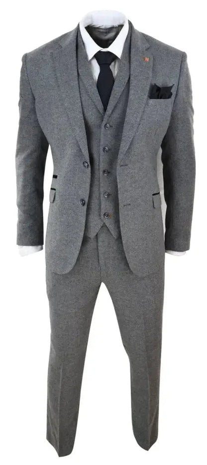 Grey Tweed 3-Piece Suit for Men – Vintage Formal Attire with Waistcoat