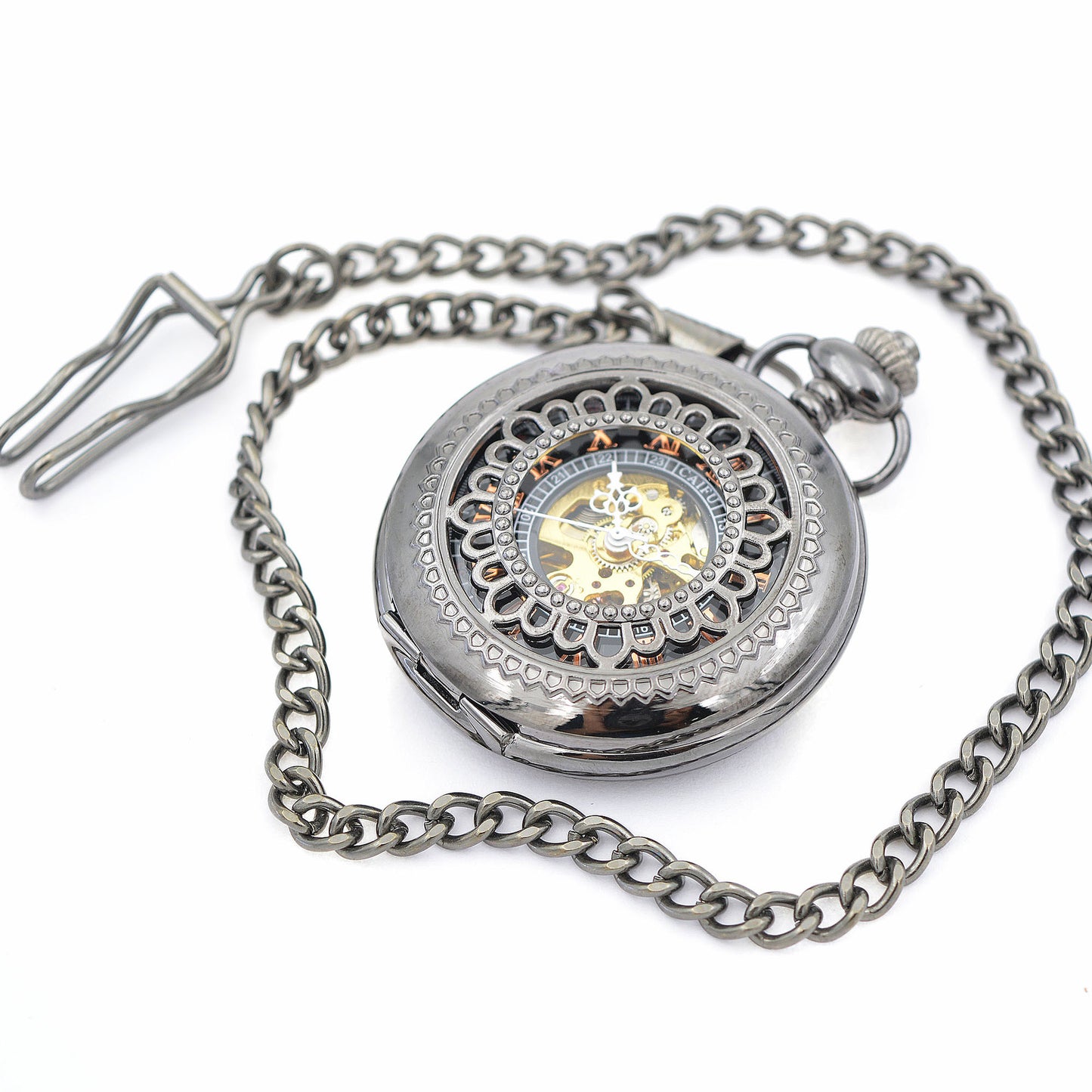 Black Lotus - Engraved Skeleton Mechanical Pocket Watch