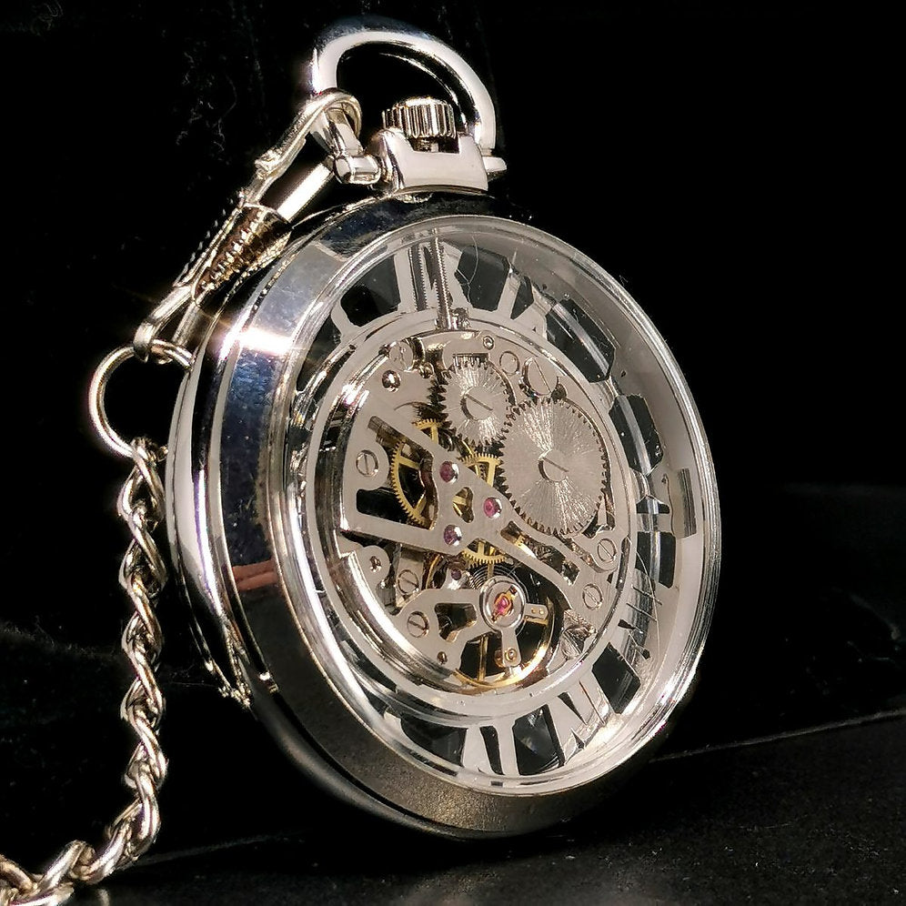 Steampunk Silver Skeleton Mechanical Automatic Pocket Watch
